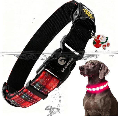 DOGWONG LED Dog Collar - Christmas Red Plaid Heavy Duty Light up Dog Collars - Rechargeable Waterproof - Lighted Dog Collars for Night Walking, Hiking, Camping(Red Plaid,M)