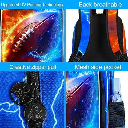 gxtvo 3PCS Boys Rugby Bookbag, 17" Kids Backpack with Lunch Box, Water Resistant Middle Elementary School Bag - Fire & Lightning Rugby