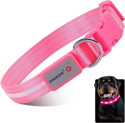 CHUKCHI LED Dog Collar Rechargeable,Waterproof Flashing Collar,Light Up Glow Collar, Adjustable Soft Safety Light Up for Small Medium Large Dogs Walking Camping at Night (Pink-L)