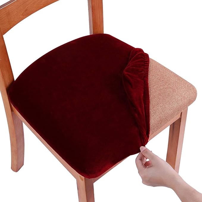 Smiry Velvet Seat Covers for Dining Room Chair Set of 2, Stretch Fit Removable Washable Chair Seat Cushion Protector Slipcovers with Ties, Wine Red