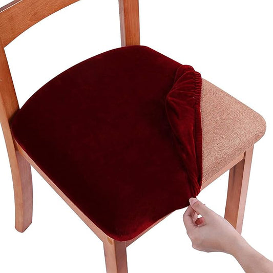 Smiry Velvet Seat Covers for Dining Room Chair Set of 2, Stretch Fit Removable Washable Chair Seat Cushion Protector Slipcovers with Ties, Wine Red
