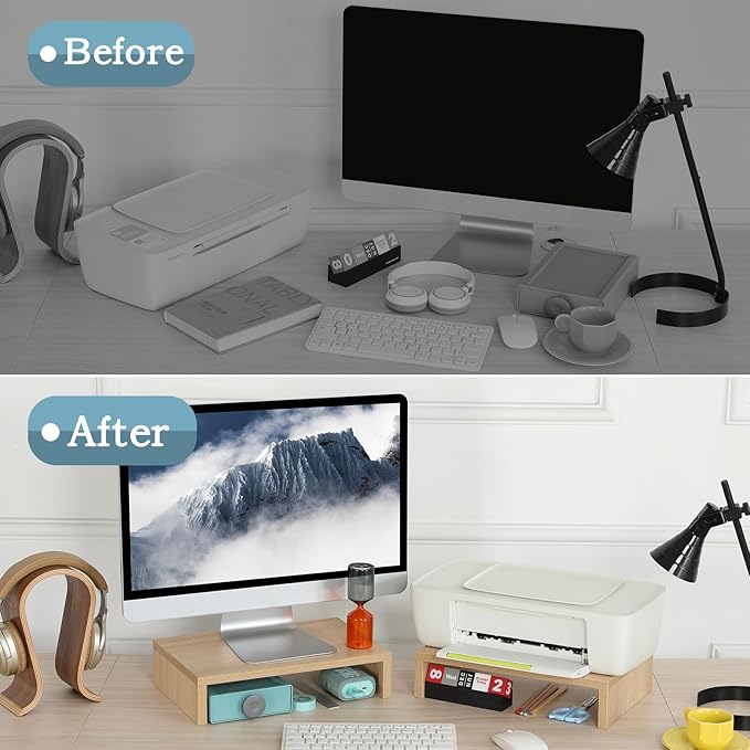 TEAMIX Wood Monitor Stand Riser - 2 Pack Adjustable Dual Monitor Riser for Laptop/PC