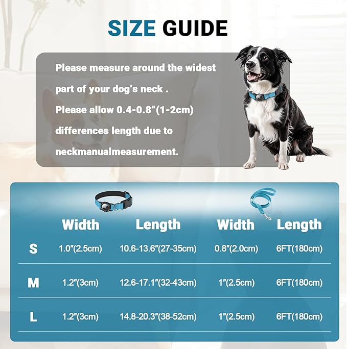 AirTag Dog Collar and Leash, IP68 Waterproof Integrated with Reflective, Ultra-Durable, Comfortable Padded, Heavy Duty Dog Collars for Small Medium Large Dogs, S (10.6"-13.6"), Blue