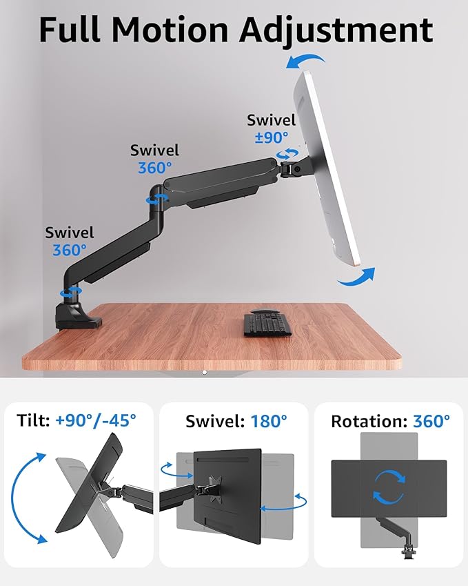 MOUNTUP Single Monitor Mount fits 49 45 44 43 42 40 39 37 34 inch Ultrawide Screen, Holds 6.6-33lbs, Computer Monitor Arm Desk Mount, Heavy Duty Gas Spring Monitor Stand with C-clamp/Grommet Base