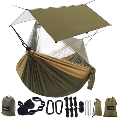Sunyear Hammock Camping with Rain Fly Tarp and Net, Portable Camping Hammock Double Tree Hammock Outdoor Indoor Backpacking Travel & Survival, 2 Tree Straps,100% Waterproof Green Bundle