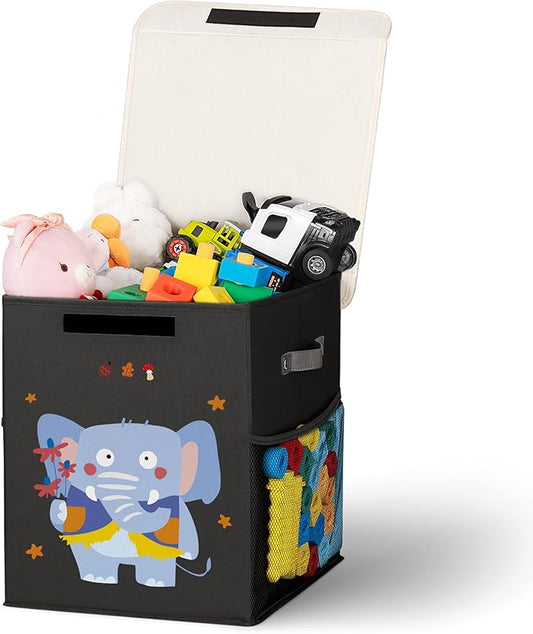 40L Large Toy Storage Box with Lid, Large Toy Box Chest for Kids, Girls and Boys, Nursery Room and Living Room, 13"x13" x16" (black-animal)