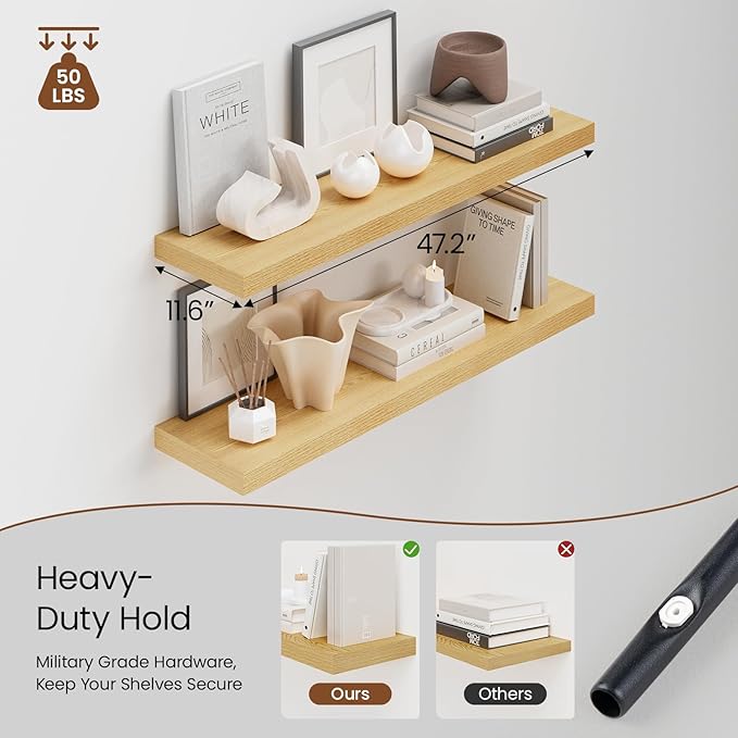 Heimlove 48W x 12D Long Floating Shelf, 12 Inch Deep Floating Shelves for Wall Set of 2, Wood Shelves for Bedroom Living Room Bathroom Kitchen Home Office, Wall Shelves with Heavy Duty Bracket, Oak