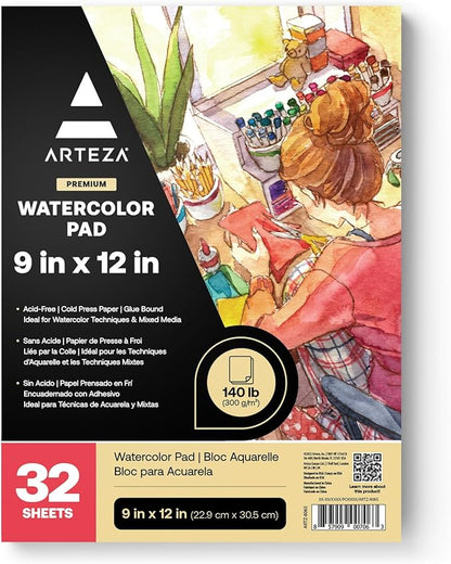 ARTEZA Watercolor Paper, 32 Sheets Each, 9x12 Inch Water Color Paper, 140lb/300gsm, Cold Press, Acid Free Art Paper