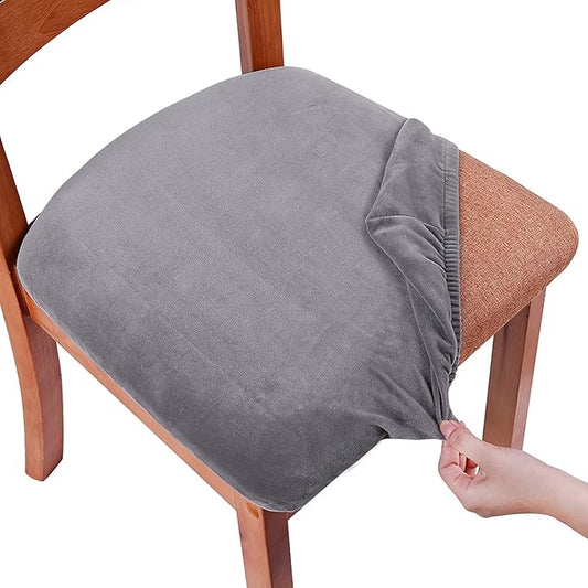 Smiry Velvet Seat Covers for Dining Room Chair Set of 2, Stretch Fit Removable Washable Chair Seat Cushion Protector Slipcovers with Ties, Grey