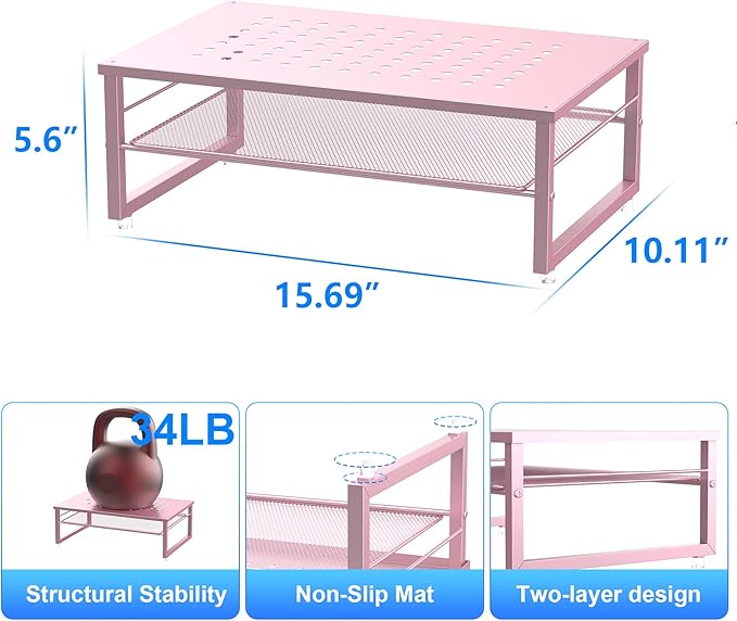 Gianotter 2-Tier Metal Monitor Stand Riser, Workspace Organizer with Desk Accessories, Office Storage for Supplies (Pink)