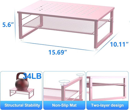 Gianotter 2-Tier Metal Monitor Stand Riser, Workspace Organizer with Desk Accessories, Office Storage for Supplies (Pink)