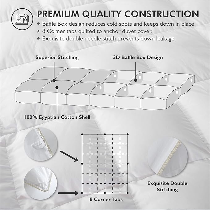 Luxurious White Solid Medium Weight, Palatial King Size Goose Feathers Down Comforter for All-Season Weather, 120 X 98 inches, Premium Baffle Box, 100% Egyptian Cotton Cover, 85 oz. Fill Weight