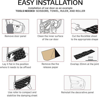 Rockville ROCKMAT 50-20 80 mil Butyl Aluminum Foil Sound Deadening Mat, 50 Sq Ft Peel and Stick Automotive Soundproofing for Doors Floors Trunk, Cars Vans RVs, Full Sedan Builds