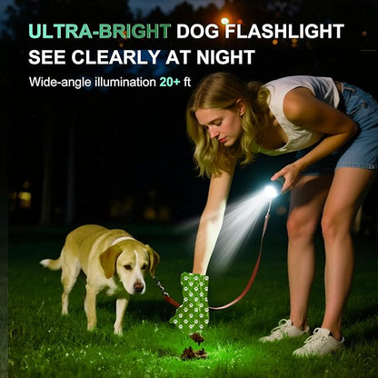 3-in-1 Dog Poop Bag Holder with Flashlight 7-Color, USB-C Rechargeable doggie bag holder for leash, IPX6 Waterproof Anti-Slip Clip Pet Waste Bag Dispenser for Walking (30 Bags Included)