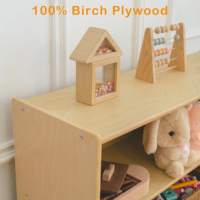Kids Bookshelf and Toy Storage Shelf, Wooden Montessori Bookshelf, 2-Tier Toy Shelf with 5 Cubby, Classroom Furniture, Birch Children Bookcase, Book Shelf for Kids Room, Nursery, Playroom