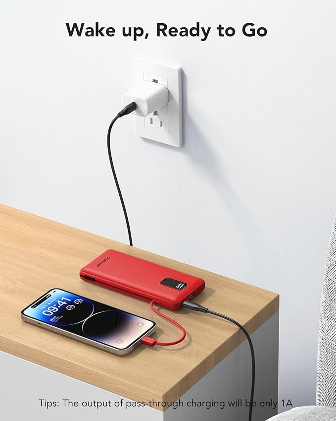 charmast Portable Charger with Built-in Cables and Plug, 10000mAh USB C Power Bank Fast Charging, External Battery Pack Slim, Travel Essentials Compatible with iPhones, Samsung Galaxy, iPad
