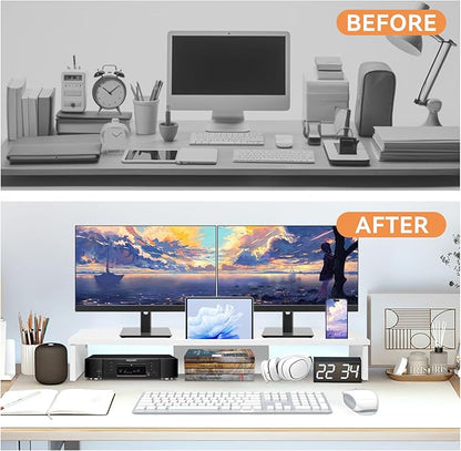 Dual Monitor Stand Riser with Phone Tablet Holder, 35.8in Large Monitor Stand for Desk, Computer Monitor Stand for 2 Monitors, Desk Shelf for Top of Desk, Desktop Organizer for Laptop, Printer, TV