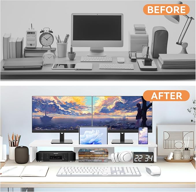 TV Riser Stand with LED Lights, 42.5in Super Large Monitor Stand with Phone Tablet Holder, Tabletop TV Stand Riser for Desk, Desktop Organizer for Computer, TV, Laptop, Printer