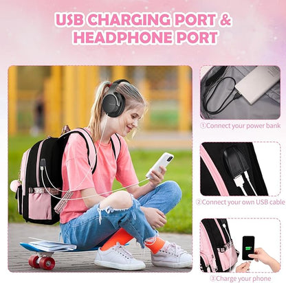 Backpacks for Girls, Girls Backpack with Lunch Box and Pencil Case for Teen Kids Elementary Middle High School College Student, Children School Backpack Bookbag with USB Charging Port (Pink)