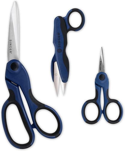 SINGER ProSeries Sewing Scissors Bundle: 8.5" Heavy Duty Fabric, 4.5" Detail Embroidery, 5" Thread Snips With Comfort Grip (Dark Blue)