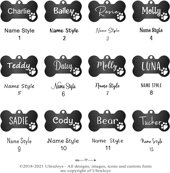 Ultra Joys Dog Tags Personalized for Pets - Hollow Paw Custom Pet ID Tag - Engraved Dog Tag for Small, Large Dogs - Large Bone in Black