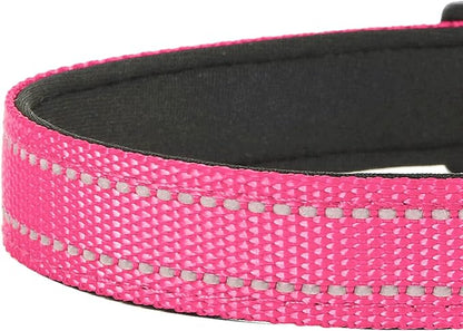 Reflective Dog Collar, Adjustable Soft Neoprene Padded Nylon Pet Collars with Buckle for Large Dogs, Hotpink,L