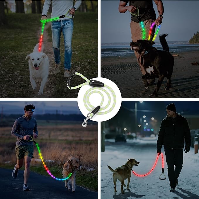 BSEEN Light Up Dog Leash - LED Dog Leash Type-C Rechargeable, 13 Lighting Modes, Glow in The Dark Pet Lead with Soft Handle for Small Medium Large Dogs Night Walking Safety (RGB, 6 Ft)