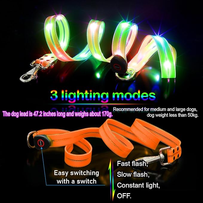 LED Waterproof Pet Dog Leash USB Rechargeable Fashionable Color Glow in The Dark Night Walk Safety Dog Leash for Medium to Large Dogs