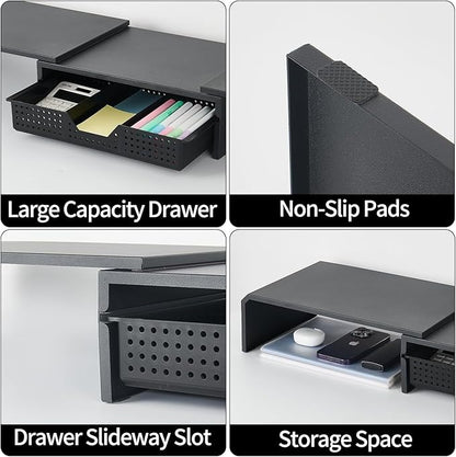 Dual Monitor Stand Riser with Drawer, Computer Stand for Desk, Workspace Desktop Stand, Desk Organizer for Computer, Laptop, TV and More (Black)