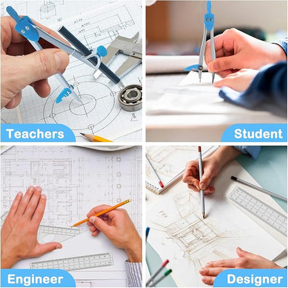 Geometry Set 10 Pcs Student Supplies with Storage Box, Includes 3 PCS Rulers, 2 Types Compasses, Protractor, Pencil, Pencil Sharpener, Eraser and Pencil Lead for Drafting and Drawings