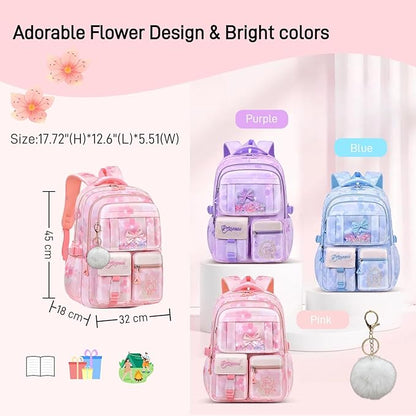 Kids Backpack School Bags for Girls, Cute Princess Backpack Multi-pocket Elementary School Students Bookbag for Girls, Pink