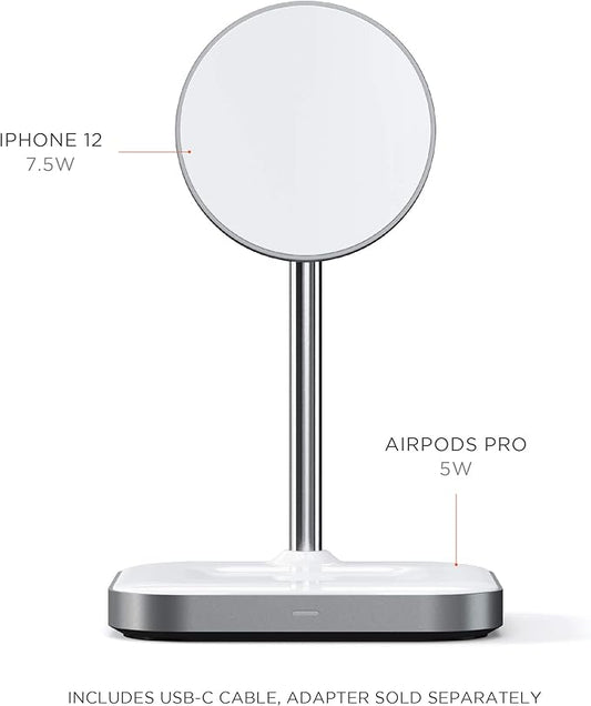 Satechi Aluminum 2-in-1 Magnetic Wireless Charging Stand, for iPhone 17/16/15/14/13/12 Series, AirPods Pro 3/2/1, AirPods 4/3