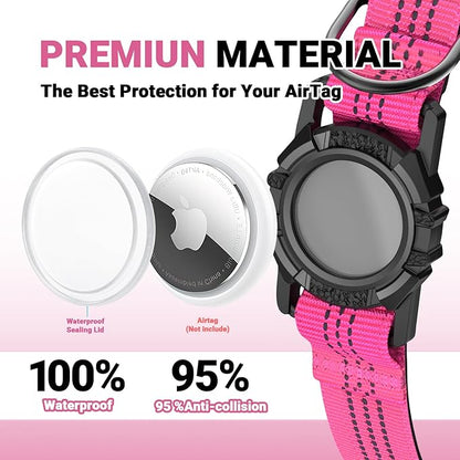 AirTag Dog Collar and Leash, IP68 Waterproof Integrated with Reflective, Ultra-Durable, Comfortable Padded, Heavy Duty Dog Collars for Small Medium Large Dogs, S (10.6"-13.6"), Pink
