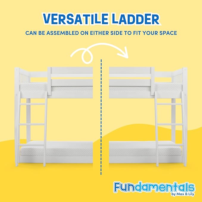 Max & Lily Fundamental Twin Low Bunk Bed, Kids Solid Wood Modern Bed Frame with Strong Wooden Slats, Non-Toxic Finishes, High Weight Capacity, White