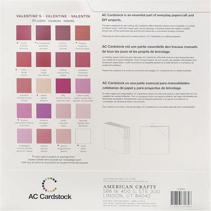 Cardstock 12x12 Scrapbook Paper Pack - Textured Heavy Duty Paper for Die Cutting, Card Making, Crafts - 60 Square Sheets, 20 Unique Colors, 80lb (216gsm), Solid Core - Valentine's