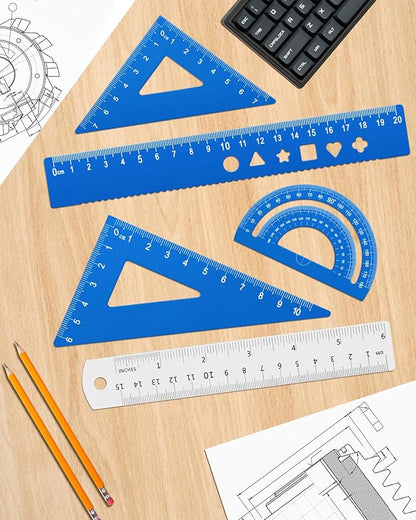 Honagu Triangular Ruler Set, 4+1Pieces Aluminum Alloy Ruler, Metal Drafting Ruler, Geometric Protractor for Students, School Office Supplies (Sky blue, 20cm)