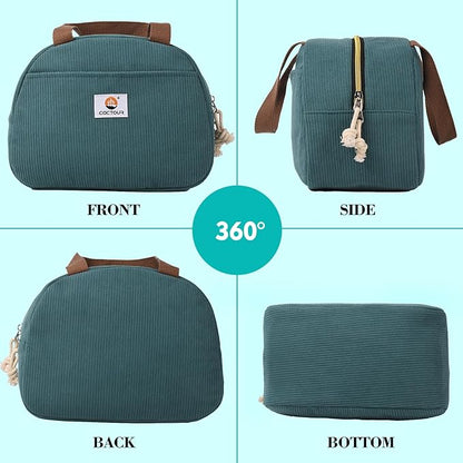 Lunch Box Lunch Bag for Women Girls Teens, Cute Lunch Box Cooler Bag, Portable Small Insulated LunchBox Reusable Corduroy Lunch Tote for Work/Travel/Picnic/School (Lake Green)