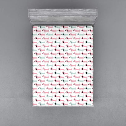 Ambesonne Dachshund Fitted Sheet, Pattern with Funny Cartoon Sausage Dogs, Bed Cover with All-Round Elastic Deep Pocket for Comfort, Queen Size, Seafoam Pink