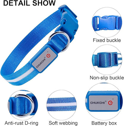 CHUKCHI LED Dog Collar Rechargeable,Waterproof Flashing Collar,Light Up Glow Collar, Adjustable Soft Safety Light Up for Small Medium Large Dogs Walking Camping at Night (Blue-M)