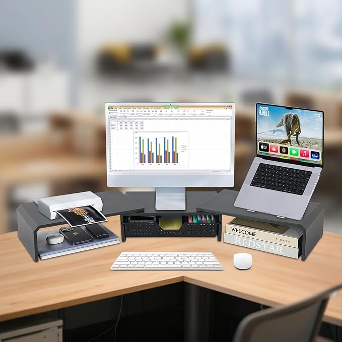 Dual Monitor Stand Riser with Drawer, Computer Stand for Desk, Workspace Desktop Stand, Desk Organizer for Computer, Laptop, TV and More (Black)