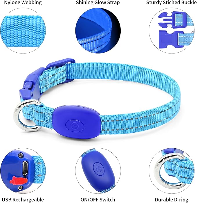 Illumifun LED Collar for Small Dogs - USB Rechargeable Dog Safety Collar Light, Adjustable Nylon Webbing Light Up Collar for Your Pups (Blue, X-Small)