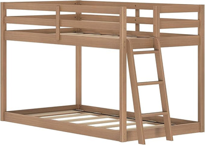 Grain & Grove Bear Twin Over Twin Bunk Bed, Low Bunk Bed Frame for Kids, Bunk with Ladder, Guardrail, and Slats, No Box Spring Required, Oak Embossed Pecan