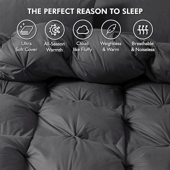 Luxurious All-Season Goose Down Feather Fiber Comforter Twin Size Duvet Insert, Exquisite Pinch Pleat Ruffled Twisted Flower, Premium Baffle Box, 100% Egyptian Cotton Cover, 50 oz. Fill Weight, Gray