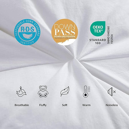 Luxurious All-Season Goose Down Fiber Waterfowl Feather Fiber Comforter King Size Duvet Insert, Exquisite Pinch Pleat Design, Premium Baffle Box, 100% Cotton Cover, 65 oz. Fill Weight, White Color