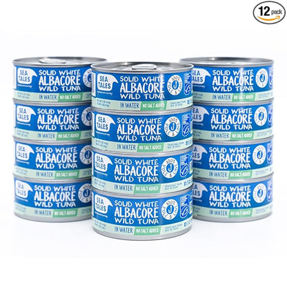 Sea Tales Solid White Albacore Canned Tuna in Water - No Salt Added - 100% Pole & Line Wild Sustainably Caught - BPA Free - High Protein Food - Keto Friendly - 5 oz. Cans (Pack of 12)