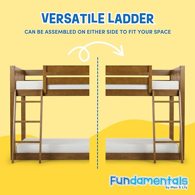 Max & Lily Fundamental Twin Low Bunk Bed, Kids Solid Wood Modern Bed Frame with Strong Wooden Slats, Non-Toxic Finishes, High Weight Capacity, Pecan