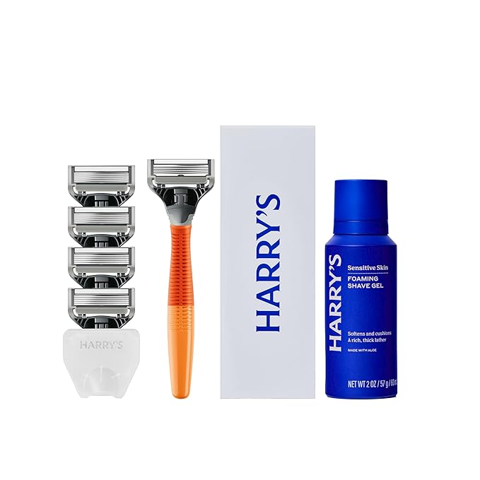 Harry's Original Shaving Kit for Men - Razor Handle, 5 Razor Blade Refills, Foaming Shave Gel, and Travel Blade Cover - German Engineered - Ember