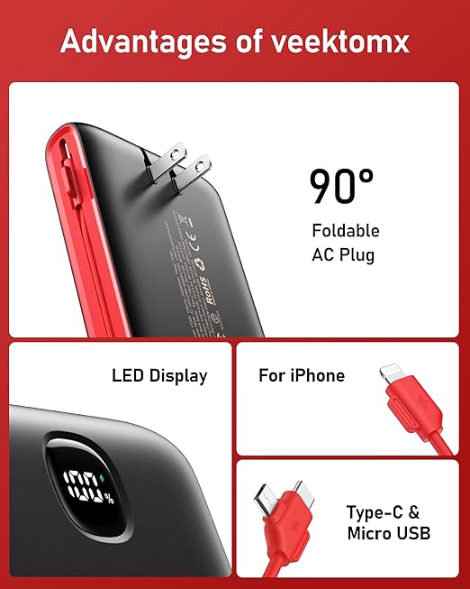 VEEKTOMX Portable Charger with Built in Cables 20000mAh, Power Bank for iPhone with AC Wall Plug, Fast Charging USB C Slim Battery Pack with LED Display Compatible with iPhone15/14/13, Samsung