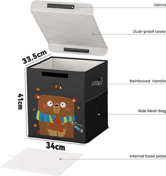 40L Large Toy Storage Box with Lid, Large Toy Box Chest for Kids, Girls and Boys, Nursery Room and Living Room, 13"x13" x16" (black-bear)