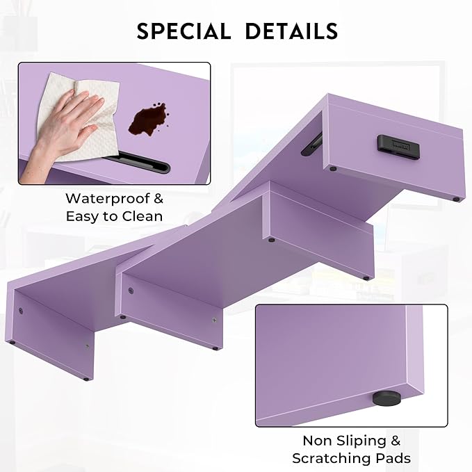 BONTEC Dual Monitor Stand Riser with Smartphone Holder, Adjustable Length & Swivel Angle, Ergonomic Wooden Desktop Organizer for PC Monitor, Laptop, Printer, Large Storage, Purple